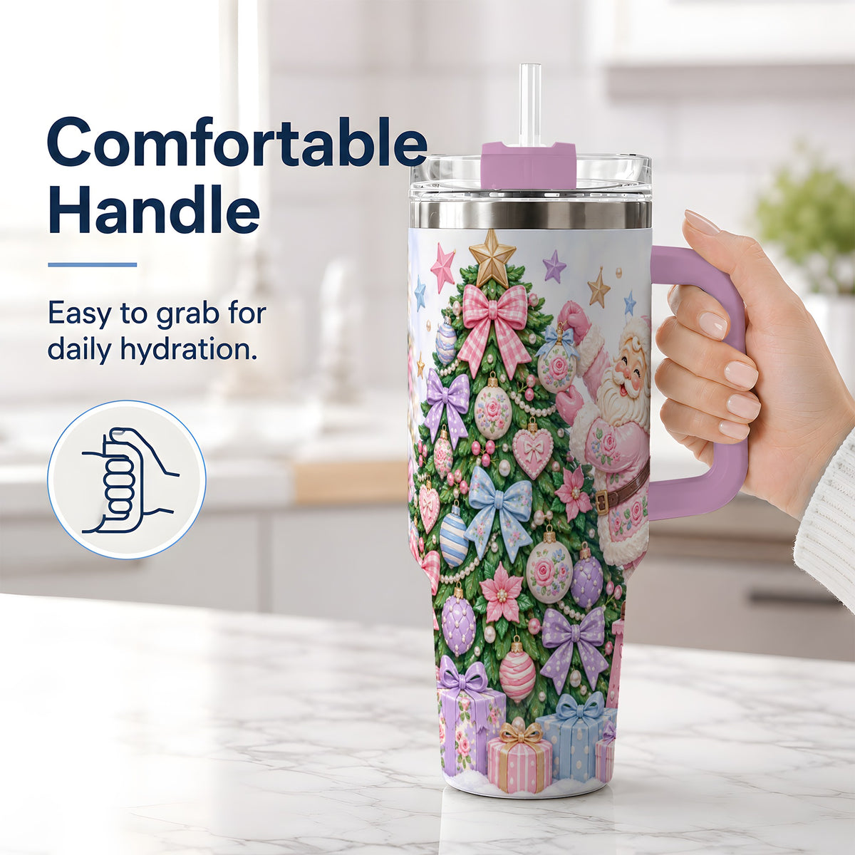 #pl[40oz|Pink] Pink Christmas Santa 40oz Tumbler with Pastel Tree Holiday Artwork