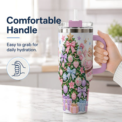 #pl[40oz|Pink] Pink Christmas Santa 40oz Tumbler with Pastel Tree Holiday Artwork