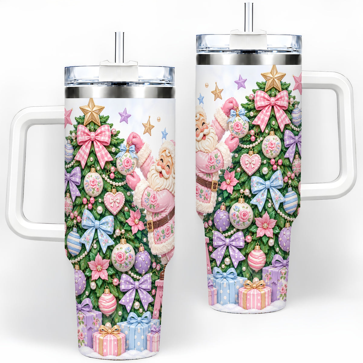 Pink Christmas Santa 40oz Tumbler with Pastel Tree Holiday Artwork