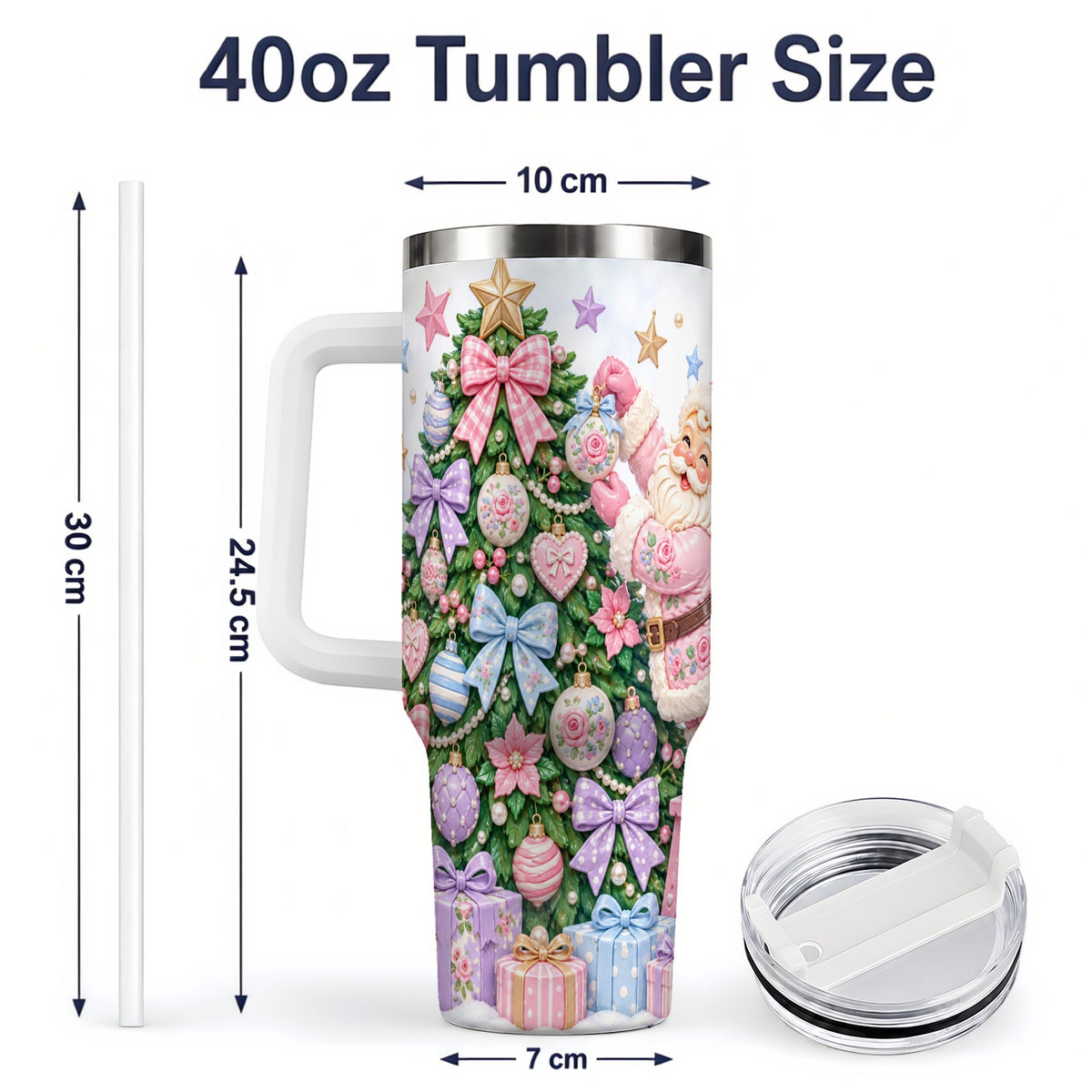#pl[40oz|White] Pink Christmas Santa 40oz Tumbler with Pastel Tree Holiday Artwork