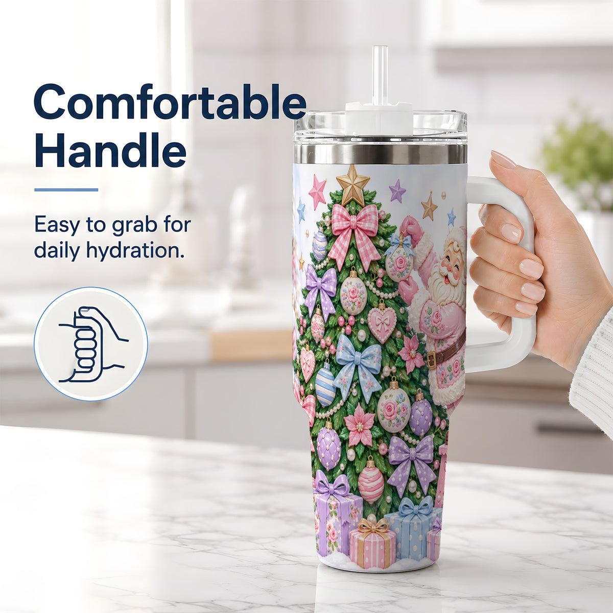 #pl[40oz|White] Pink Christmas Santa 40oz Tumbler with Pastel Tree Holiday Artwork
