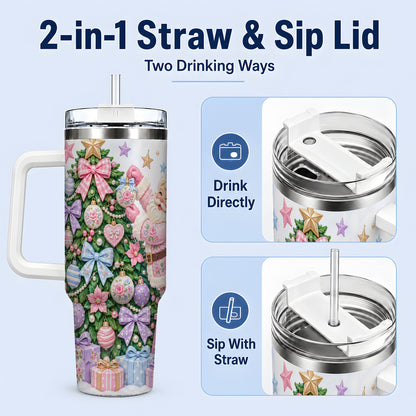 #pl[40oz|White] Pink Christmas Santa 40oz Tumbler with Pastel Tree Holiday Artwork