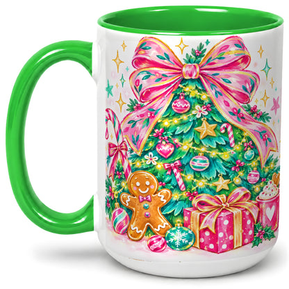 #pl[15oz|Green] Pink Bow Christmas Ceramic Mug, Festive Tree Holiday Artwork