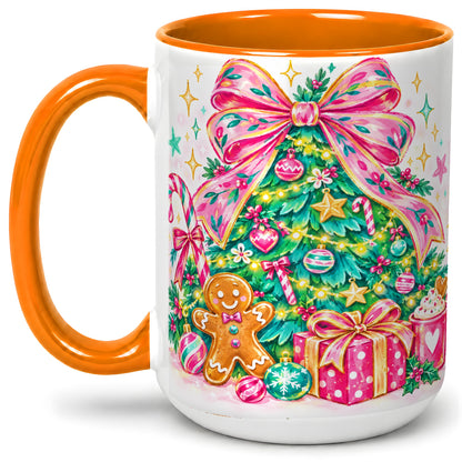#pl[15oz|Orange] Pink Bow Christmas Ceramic Mug, Festive Tree Holiday Artwork