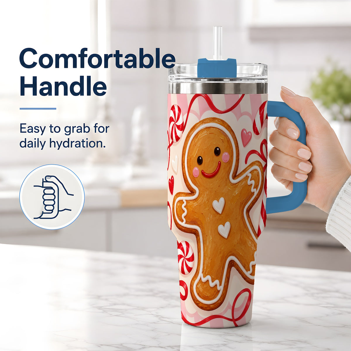 #pl[40oz|Blue] Gingerbread Candy Cane 40oz Tumbler with Peppermint Christmas Artwork