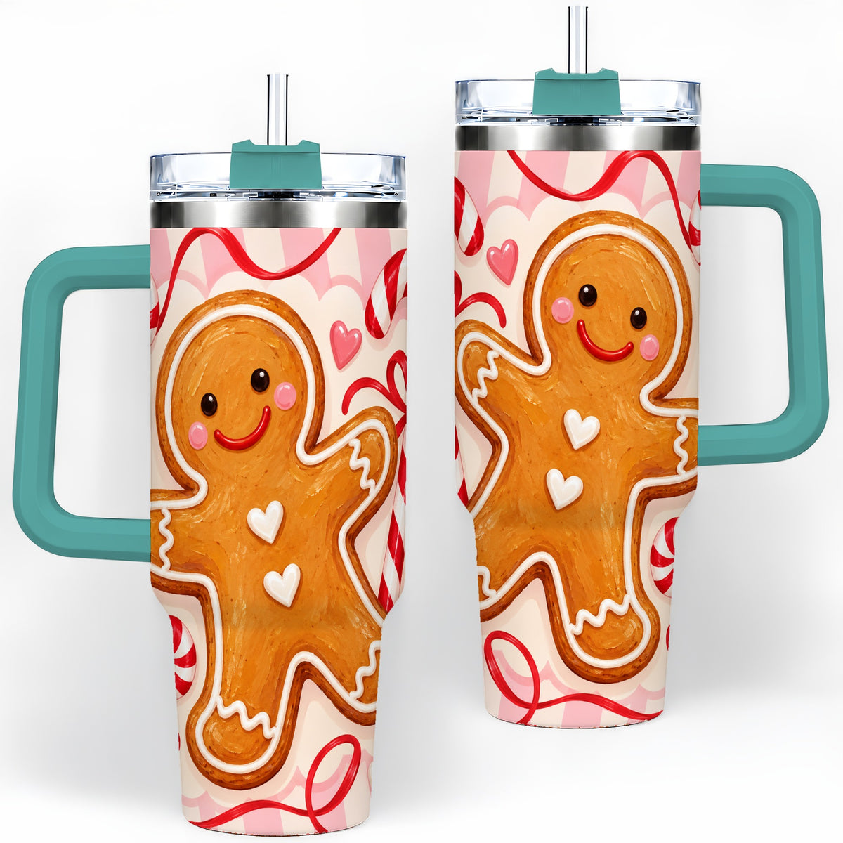 #pl[40oz|Green] Gingerbread Candy Cane 40oz Tumbler with Peppermint Christmas Artwork