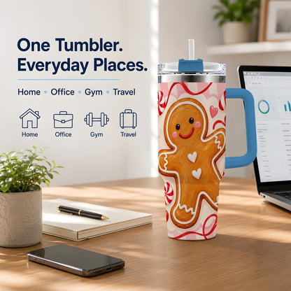 #pl[40oz|Blue] Gingerbread Candy Cane 40oz Tumbler with Peppermint Christmas Artwork