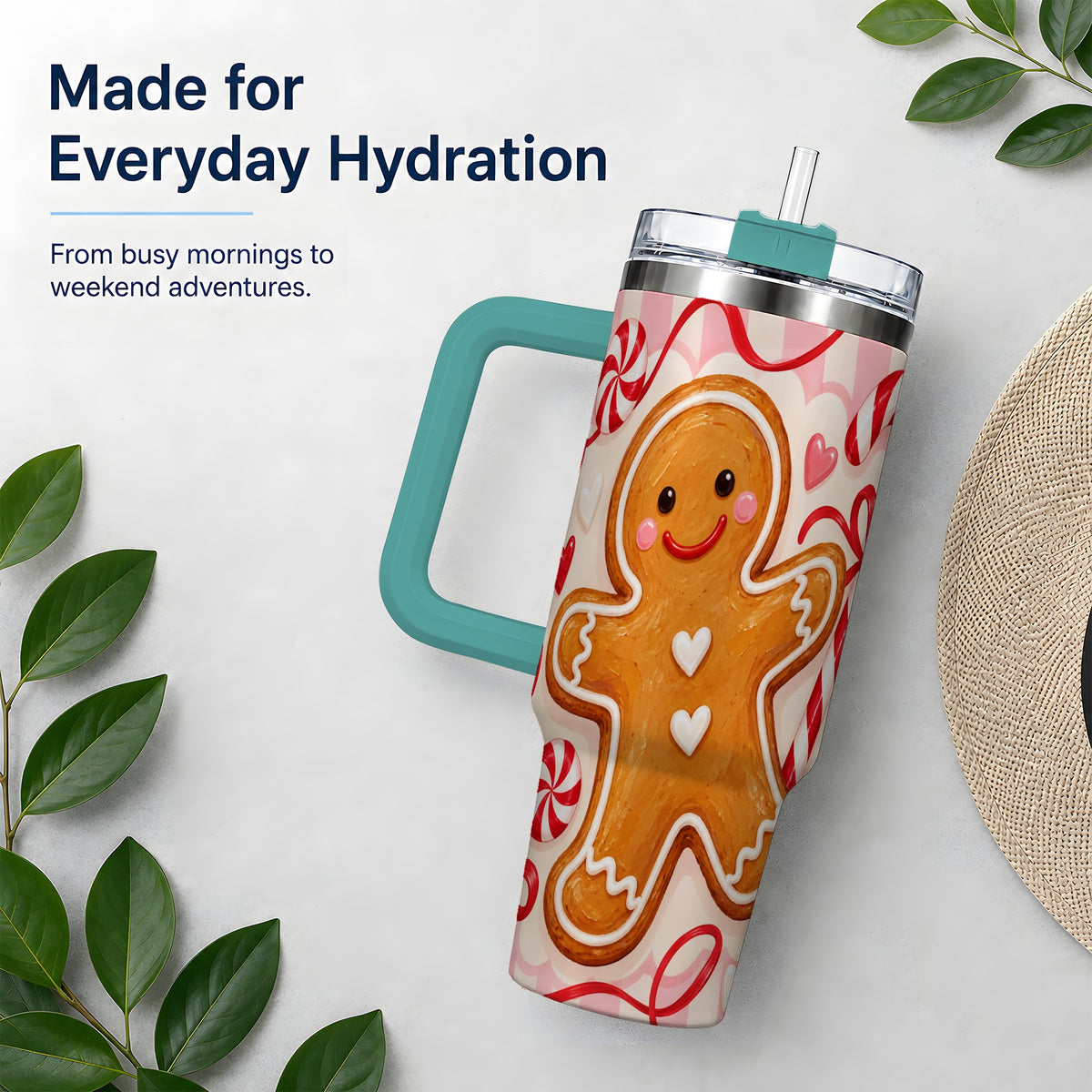 #pl[40oz|Green] Gingerbread Candy Cane 40oz Tumbler with Peppermint Christmas Artwork