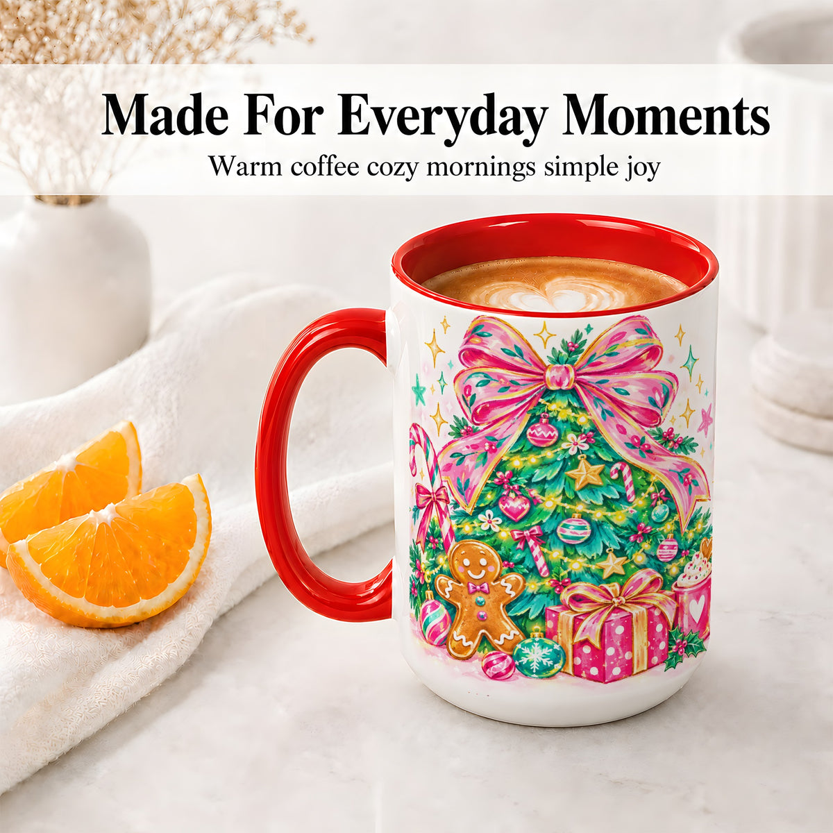 #pl[15oz|Red] Pink Bow Christmas Ceramic Mug, Festive Tree Holiday Artwork