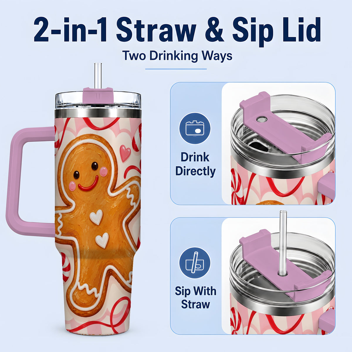 #pl[40oz|Pink] Gingerbread Candy Cane 40oz Tumbler with Peppermint Christmas Artwork