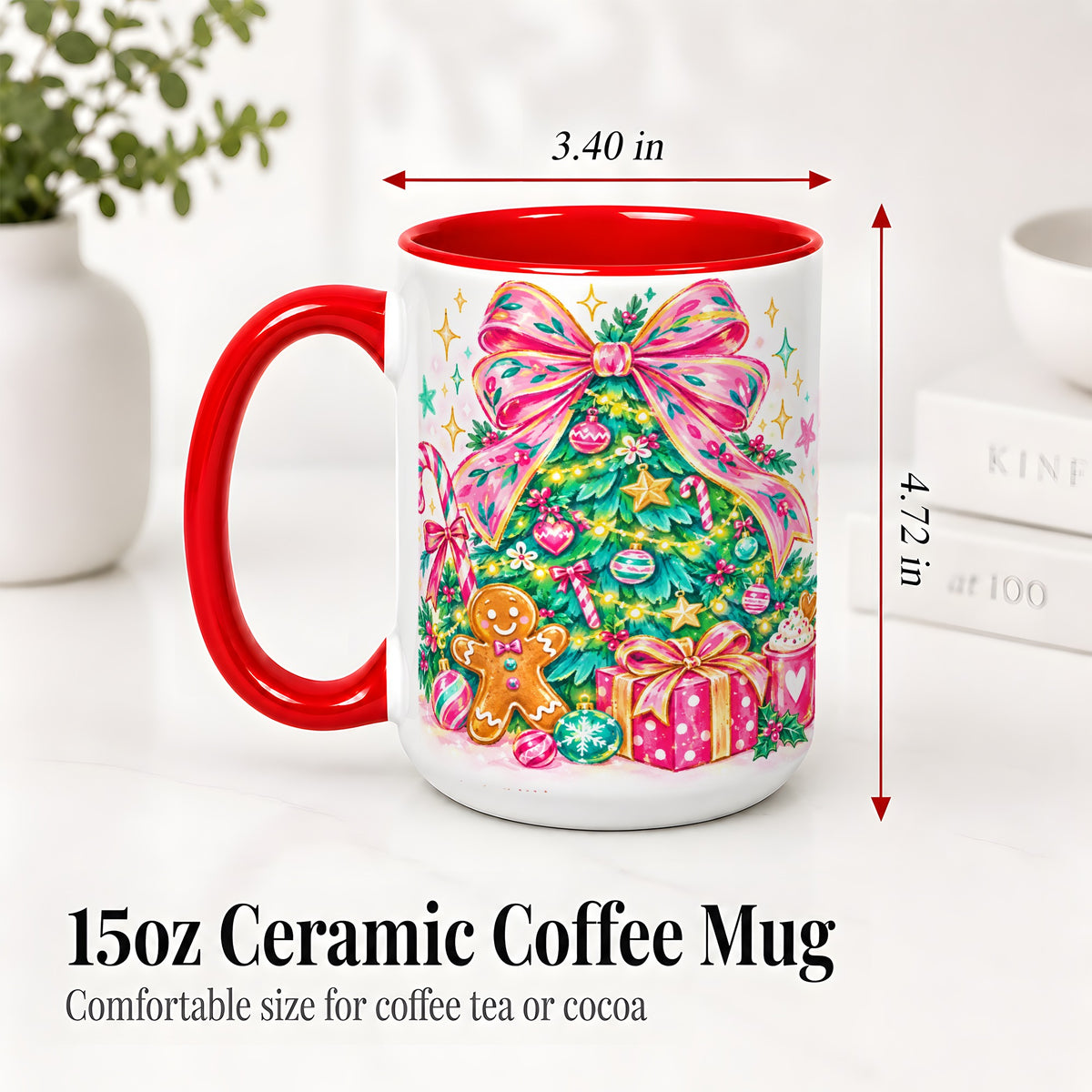 #pl[15oz|Red] Pink Bow Christmas Ceramic Mug, Festive Tree Holiday Artwork