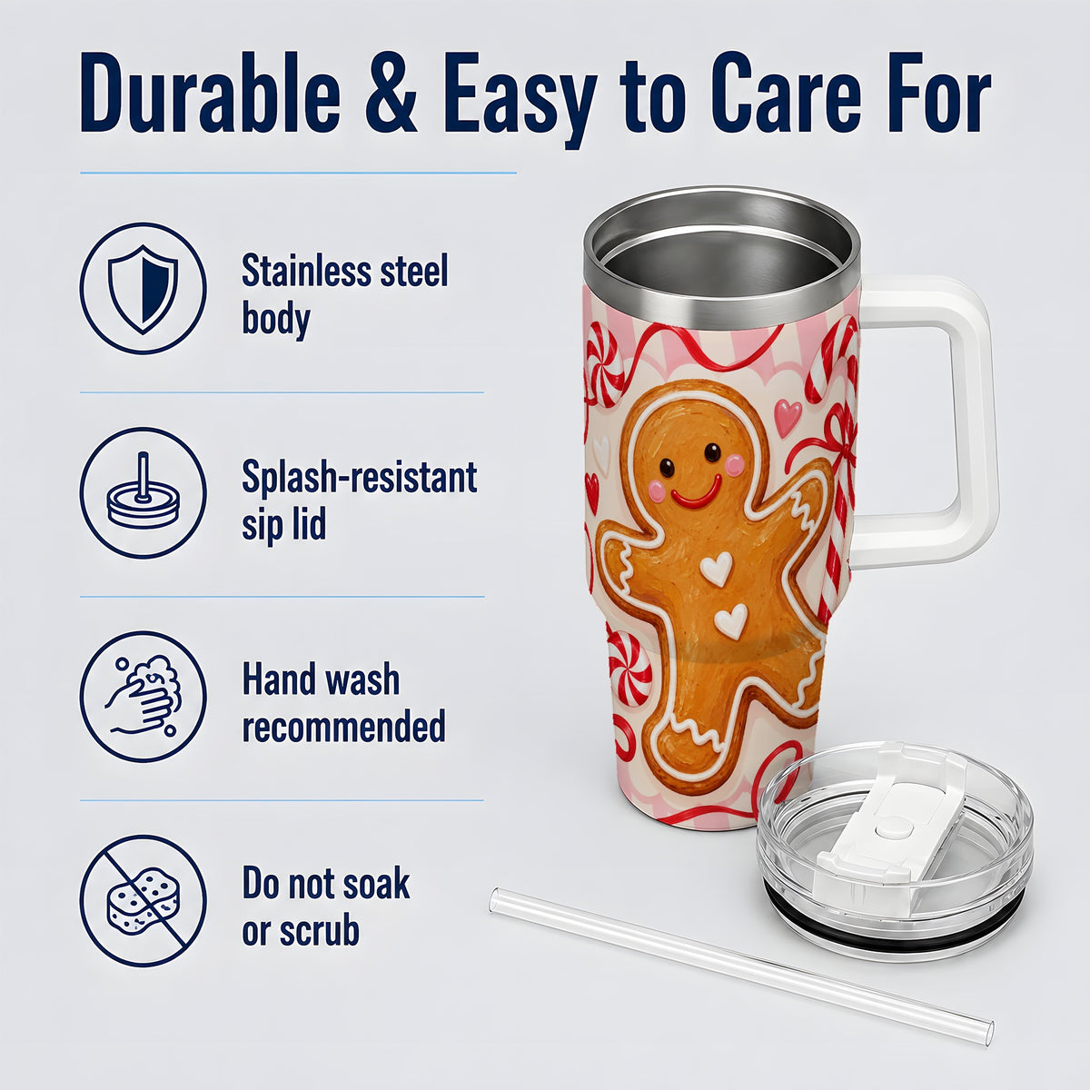 #pl[40oz|White] Gingerbread Candy Cane 40oz Tumbler with Peppermint Christmas Artwork