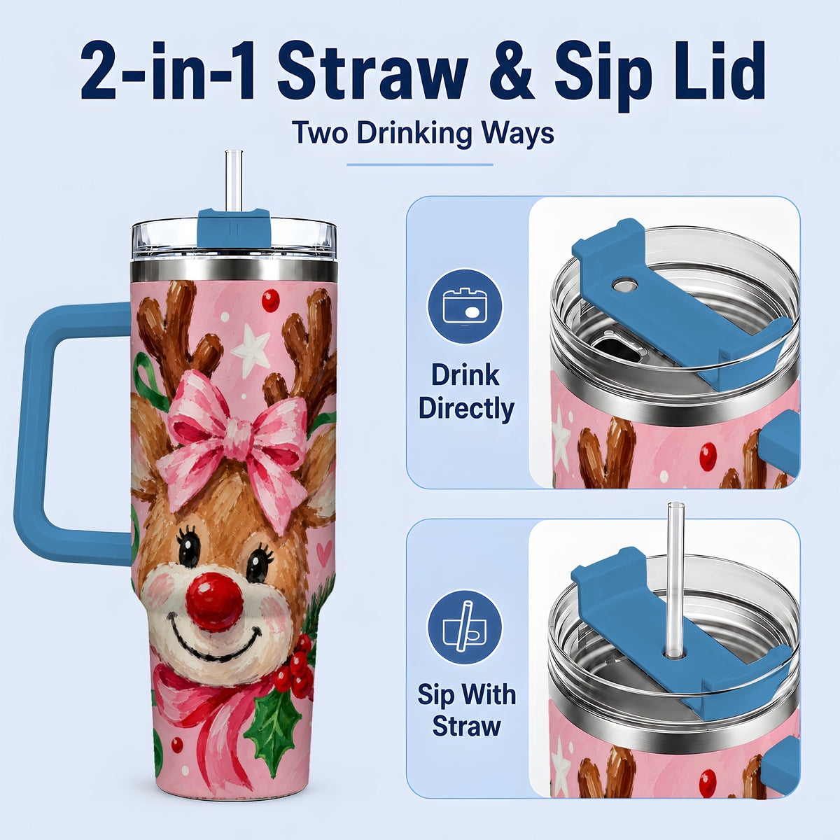 #pl[40oz|Blue] Christmas Reindeer 40oz Tumbler with Pink Bow and Candy Cane Artwork