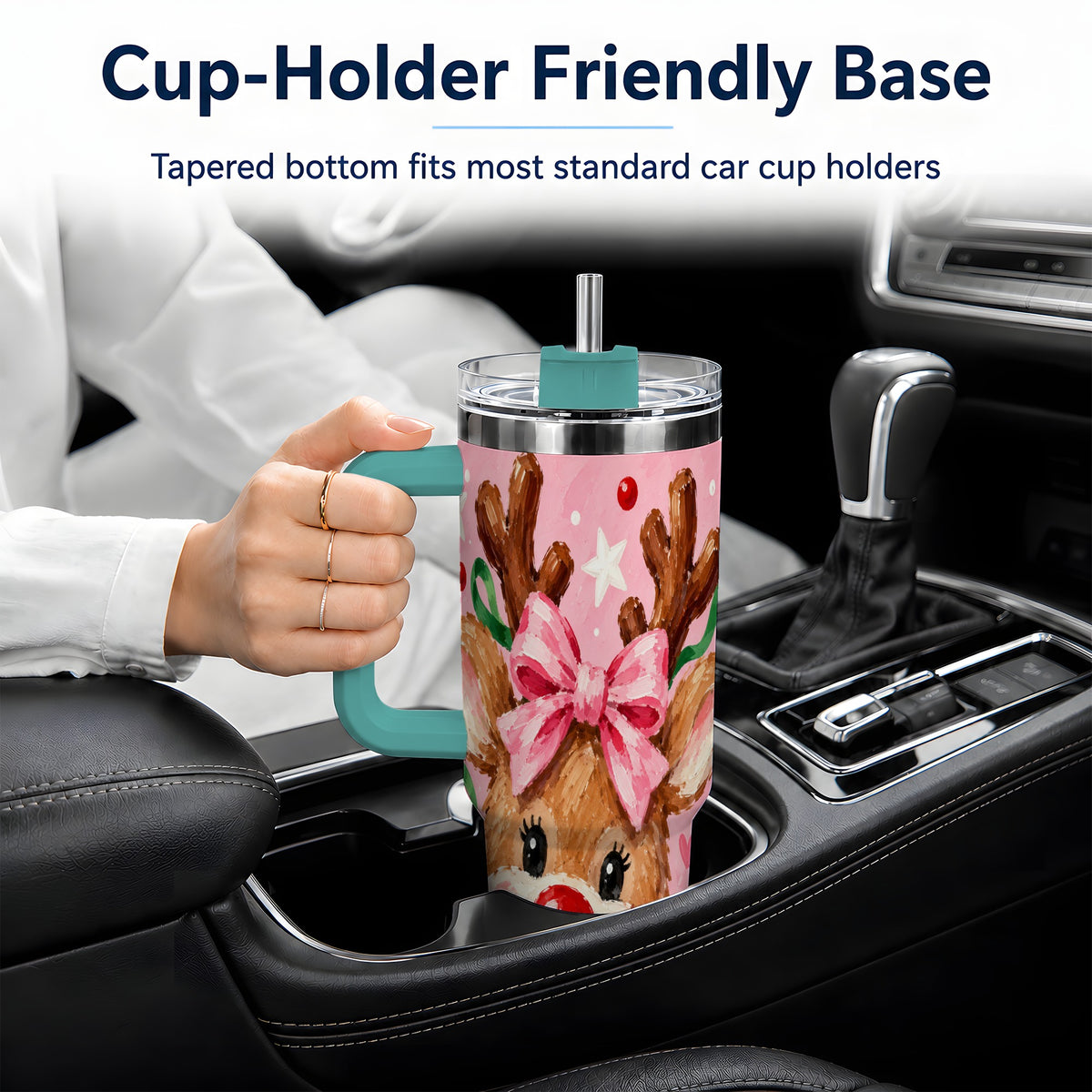 #pl[40oz|Green] Christmas Reindeer 40oz Tumbler with Pink Bow and Candy Cane Artwork