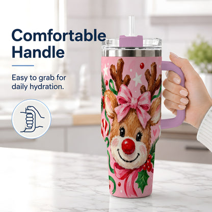 #pl[40oz|Pink] Christmas Reindeer 40oz Tumbler with Pink Bow and Candy Cane Artwork
