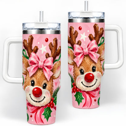 Christmas Reindeer 40oz Tumbler with Pink Bow and Candy Cane Artwork
