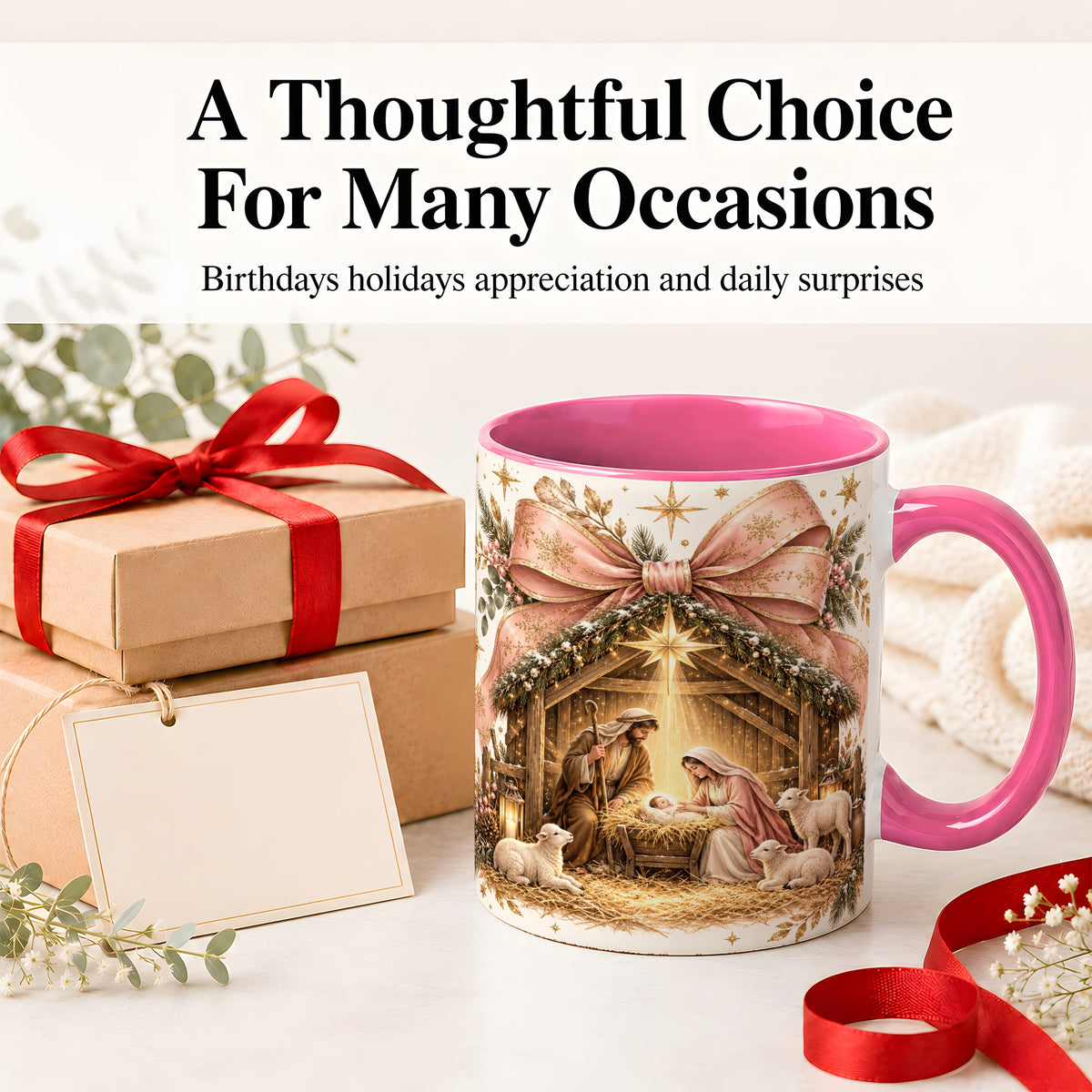 #pl[11oz|Pink] Nativity Christmas Ceramic Mug, Manger Scene Christian Artwork