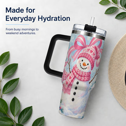 #pl[40oz|Black] Pink Snowman Christmas 40oz Tumbler with Candy Cane Winter Artwork