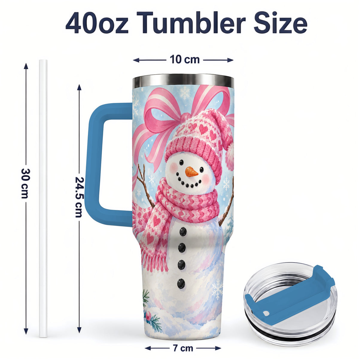 #pl[40oz|Blue] Pink Snowman Christmas 40oz Tumbler with Candy Cane Winter Artwork