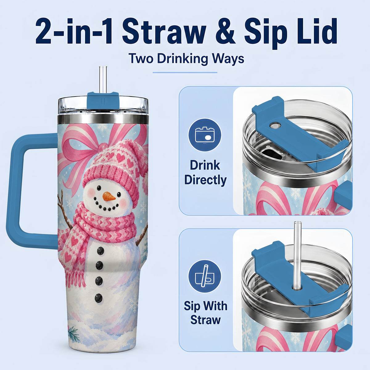 #pl[40oz|Blue] Pink Snowman Christmas 40oz Tumbler with Candy Cane Winter Artwork