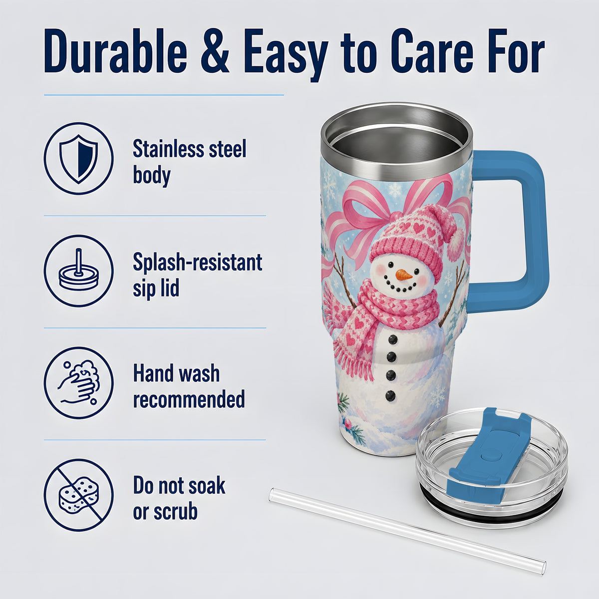 #pl[40oz|Blue] Pink Snowman Christmas 40oz Tumbler with Candy Cane Winter Artwork