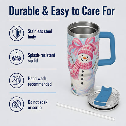 #pl[40oz|Blue] Pink Snowman Christmas 40oz Tumbler with Candy Cane Winter Artwork