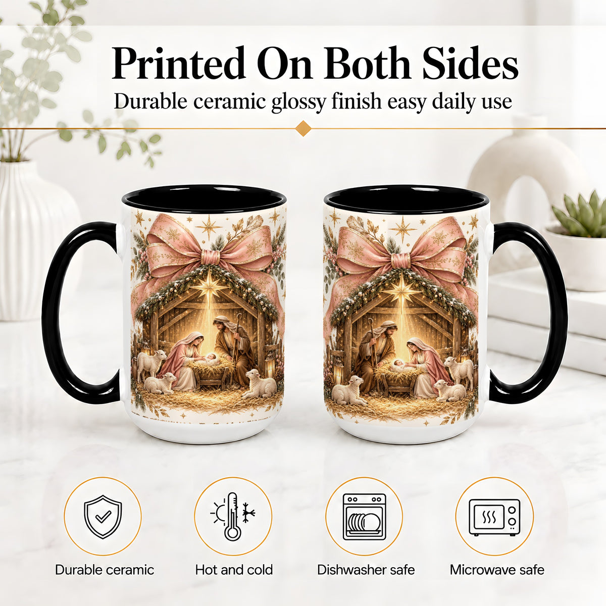 #pl[15oz|Black] Nativity Christmas Ceramic Mug, Manger Scene Christian Artwork