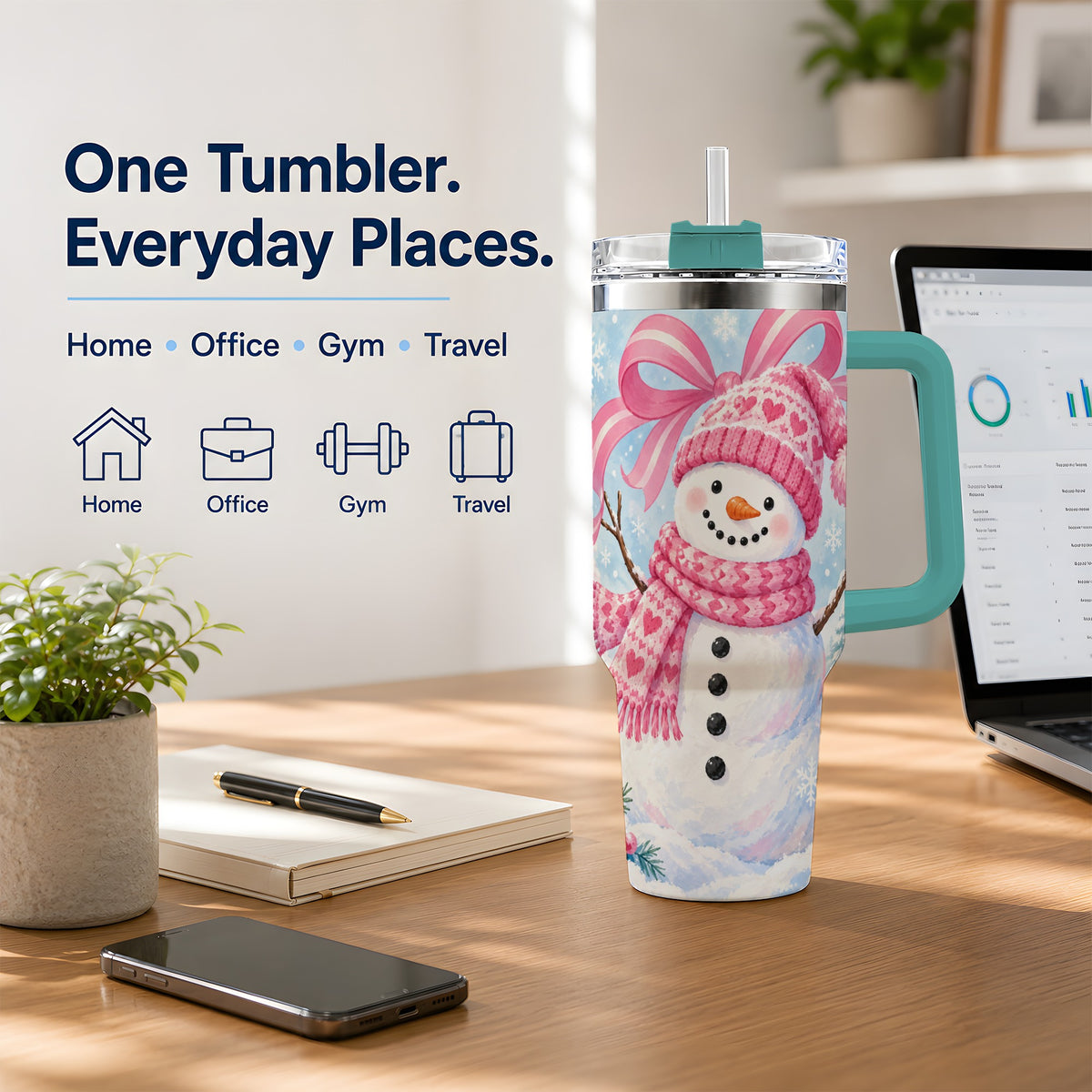 #pl[40oz|Green] Pink Snowman Christmas 40oz Tumbler with Candy Cane Winter Artwork