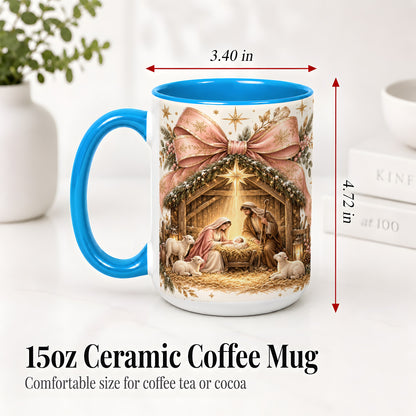 #pl[15oz|Blue] Nativity Christmas Ceramic Mug, Manger Scene Christian Artwork