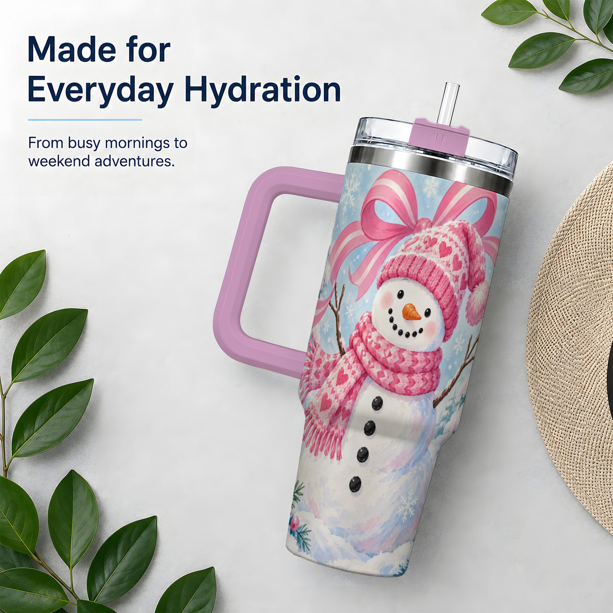 #pl[40oz|Pink] Pink Snowman Christmas 40oz Tumbler with Candy Cane Winter Artwork