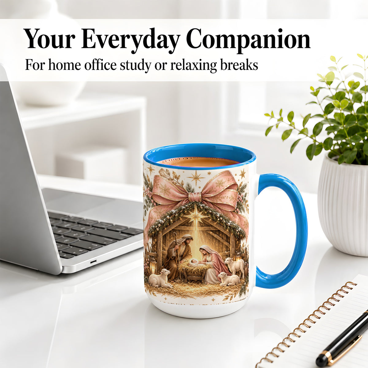 #pl[15oz|Blue] Nativity Christmas Ceramic Mug, Manger Scene Christian Artwork