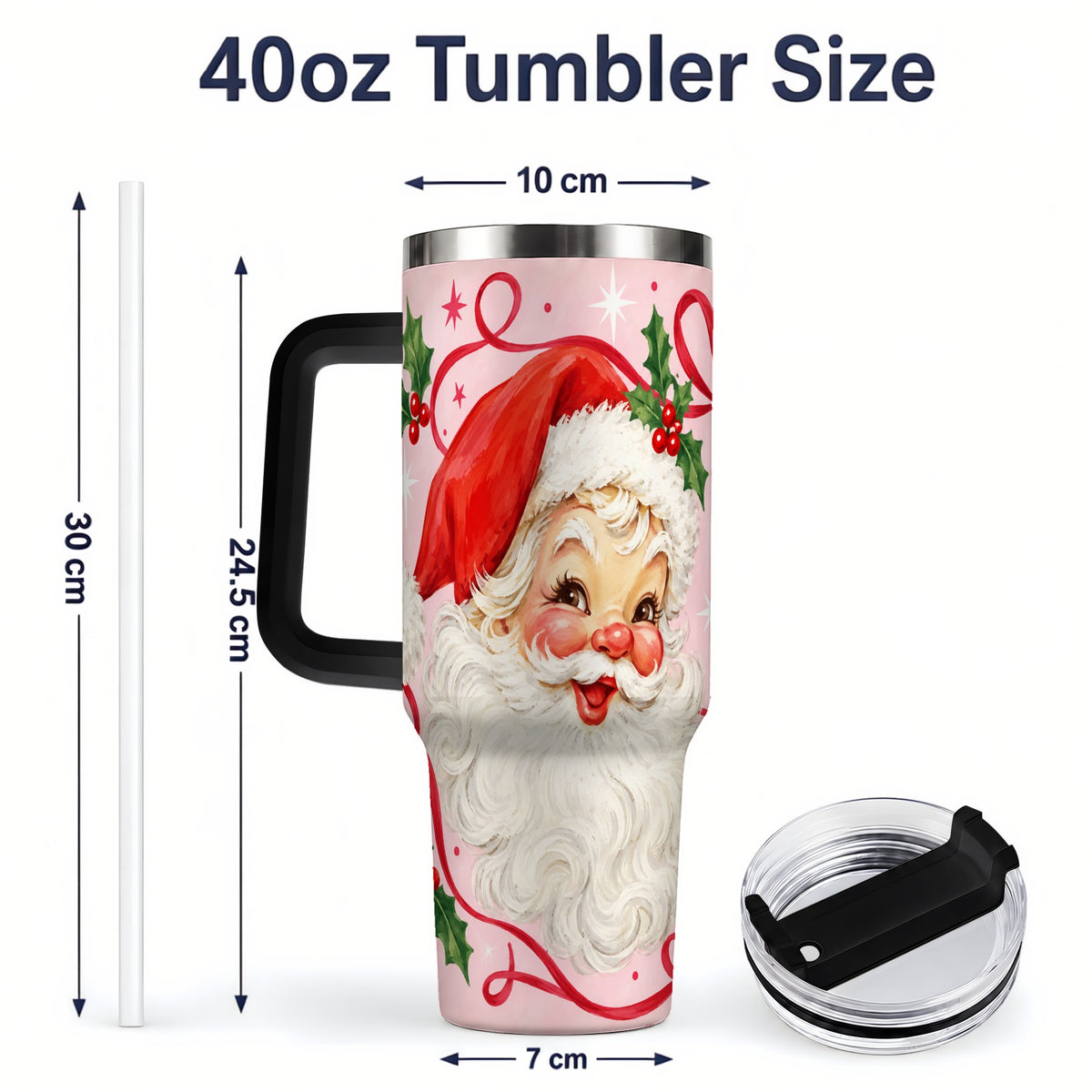 #pl[40oz|Black] Pink Santa Christmas 40oz Tumbler with Holly and Ribbon Holiday Artwork