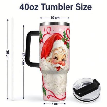 #pl[40oz|Black] Pink Santa Christmas 40oz Tumbler with Holly and Ribbon Holiday Artwork