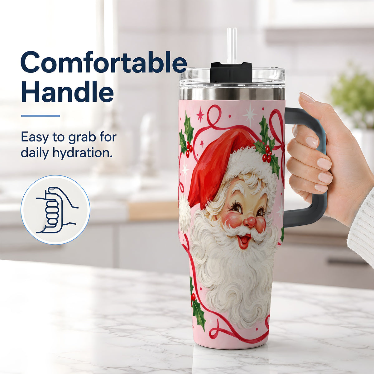 #pl[40oz|Black] Pink Santa Christmas 40oz Tumbler with Holly and Ribbon Holiday Artwork
