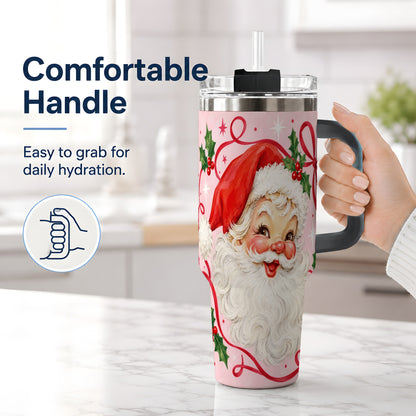 #pl[40oz|Black] Pink Santa Christmas 40oz Tumbler with Holly and Ribbon Holiday Artwork