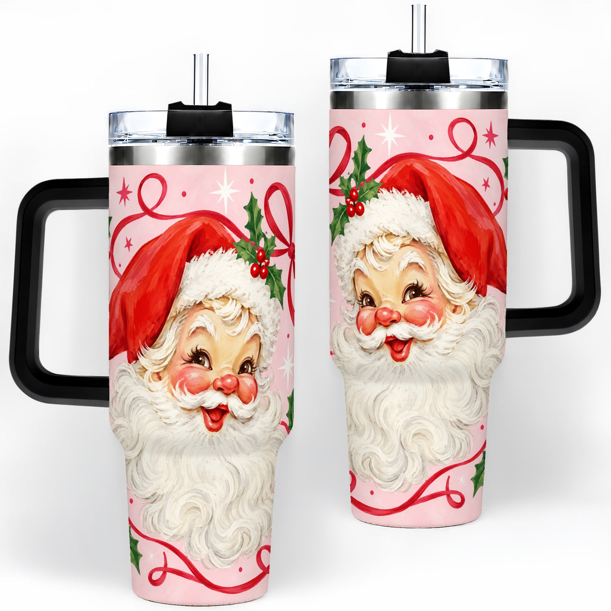 #pl[40oz|Black] Pink Santa Christmas 40oz Tumbler with Holly and Ribbon Holiday Artwork