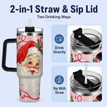 #pl[40oz|Black] Pink Santa Christmas 40oz Tumbler with Holly and Ribbon Holiday Artwork