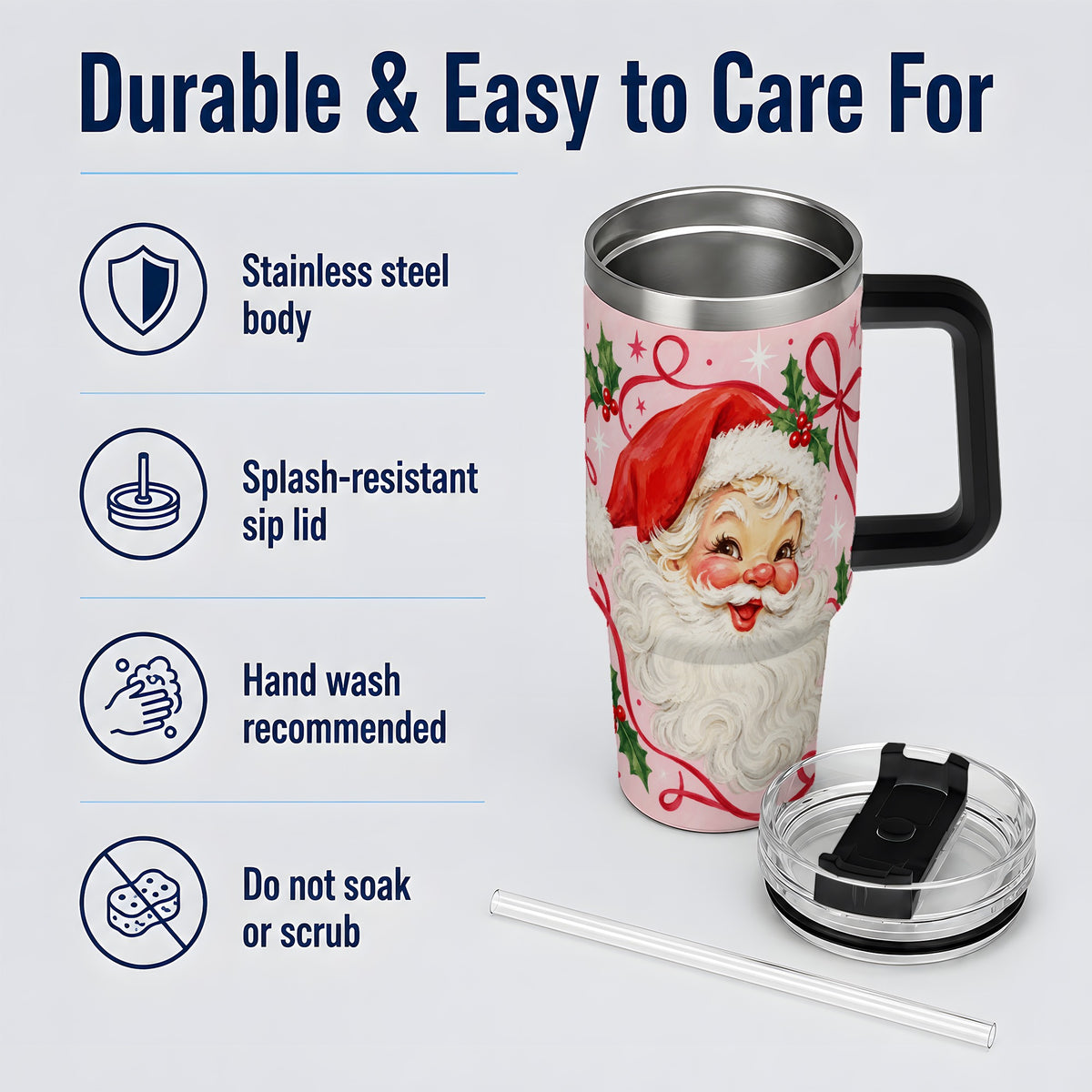 #pl[40oz|Black] Pink Santa Christmas 40oz Tumbler with Holly and Ribbon Holiday Artwork