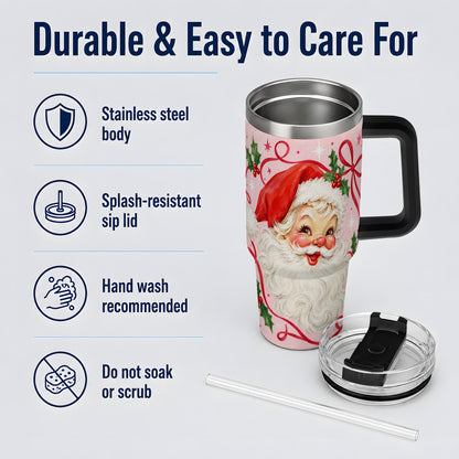 #pl[40oz|Black] Pink Santa Christmas 40oz Tumbler with Holly and Ribbon Holiday Artwork