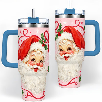 #pl[40oz|Blue] Pink Santa Christmas 40oz Tumbler with Holly and Ribbon Holiday Artwork