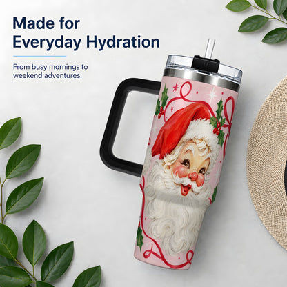 #pl[40oz|Black] Pink Santa Christmas 40oz Tumbler with Holly and Ribbon Holiday Artwork