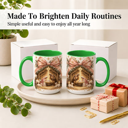 #pl[15oz|Green] Nativity Christmas Ceramic Mug, Manger Scene Christian Artwork