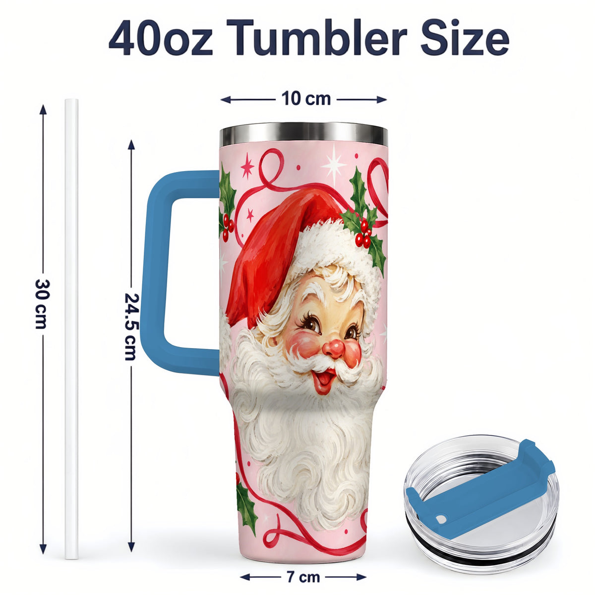 #pl[40oz|Blue] Pink Santa Christmas 40oz Tumbler with Holly and Ribbon Holiday Artwork