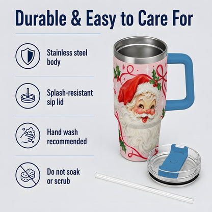#pl[40oz|Blue] Pink Santa Christmas 40oz Tumbler with Holly and Ribbon Holiday Artwork