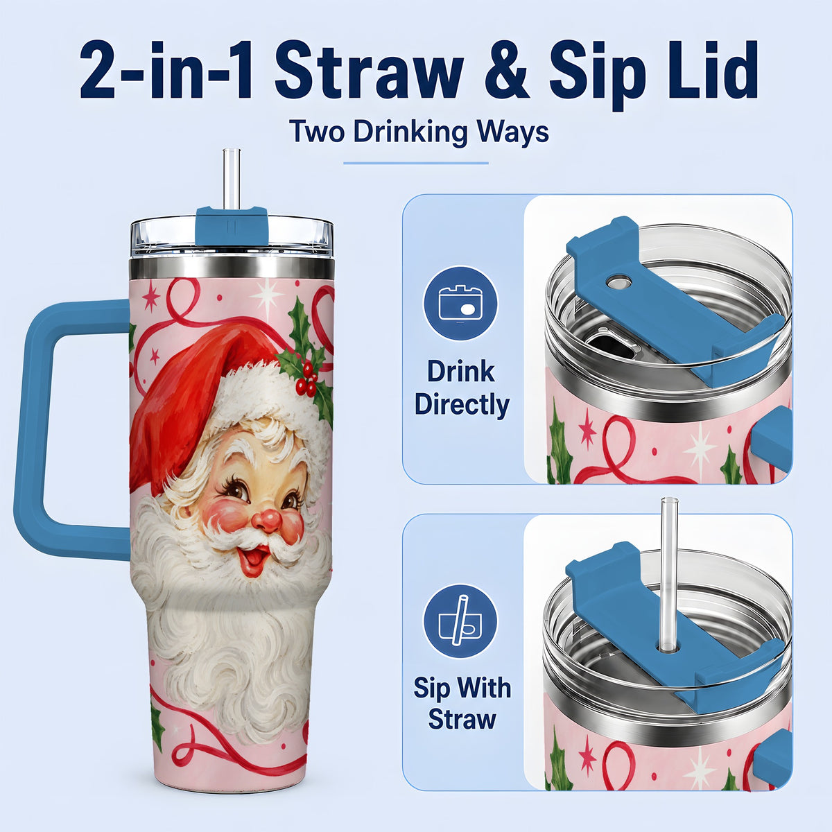 #pl[40oz|Blue] Pink Santa Christmas 40oz Tumbler with Holly and Ribbon Holiday Artwork