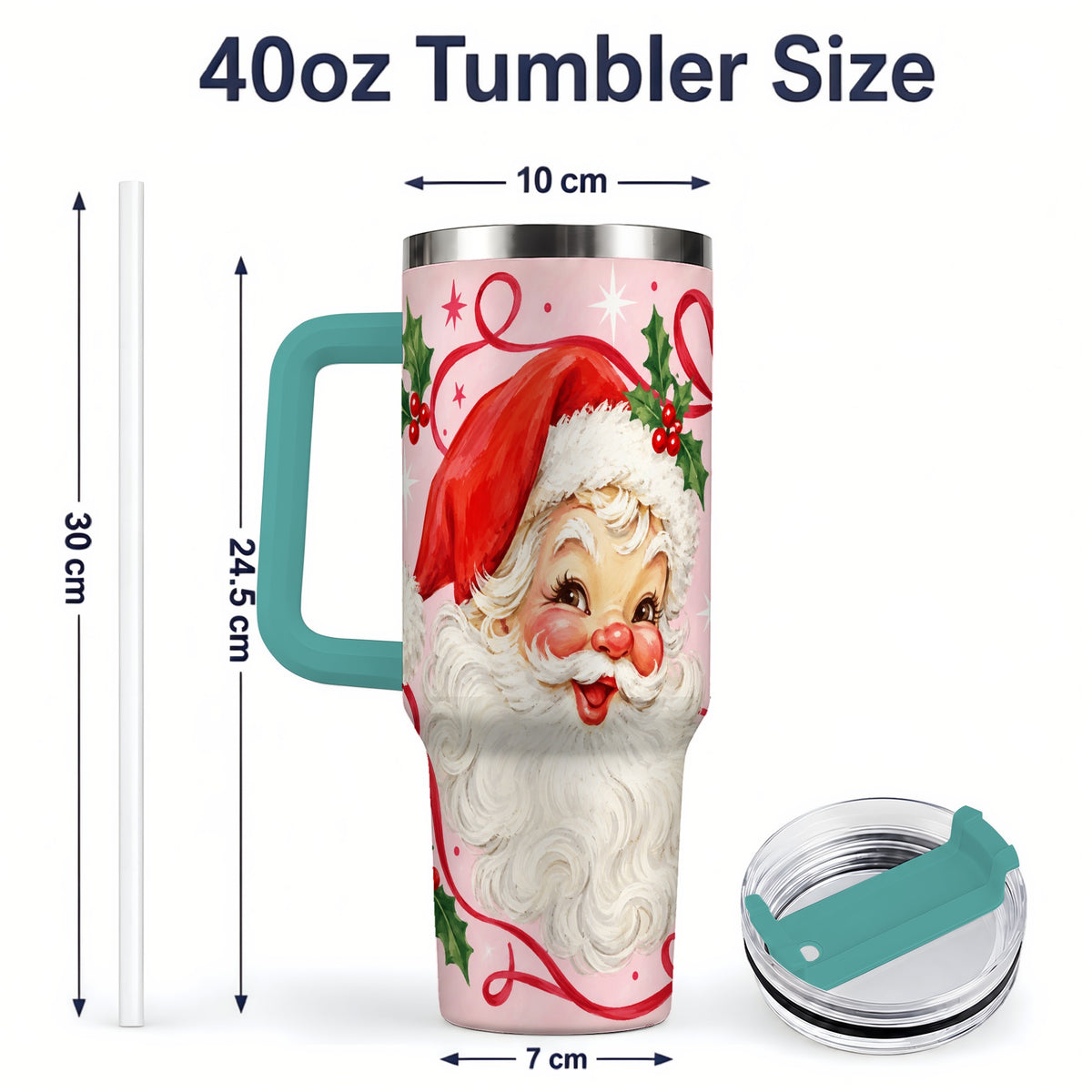 #pl[40oz|Green] Pink Santa Christmas 40oz Tumbler with Holly and Ribbon Holiday Artwork