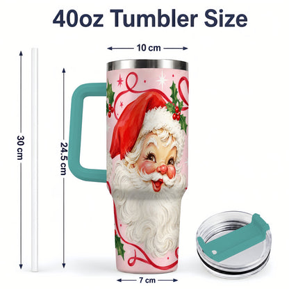 #pl[40oz|Green] Pink Santa Christmas 40oz Tumbler with Holly and Ribbon Holiday Artwork