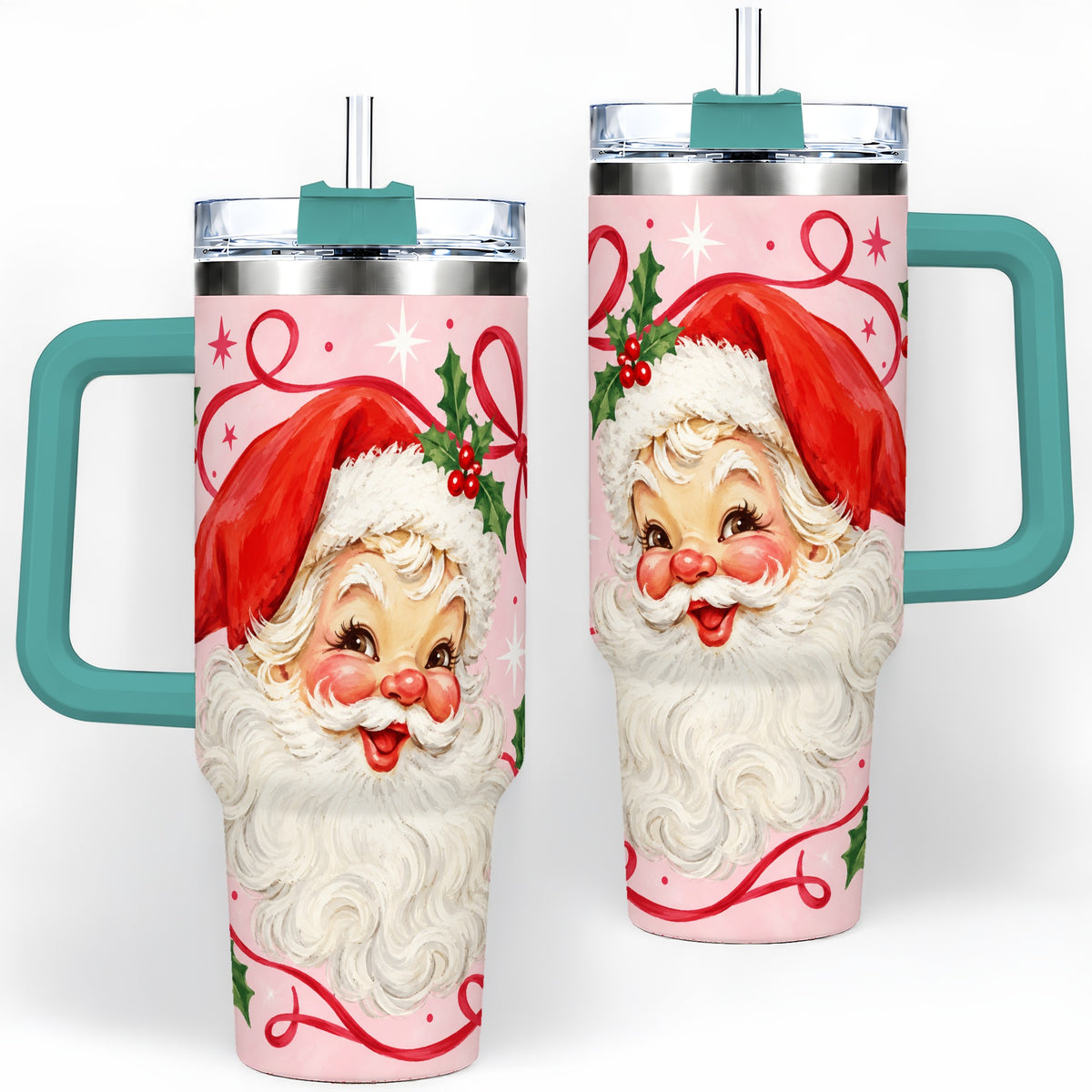 #pl[40oz|Green] Pink Santa Christmas 40oz Tumbler with Holly and Ribbon Holiday Artwork
