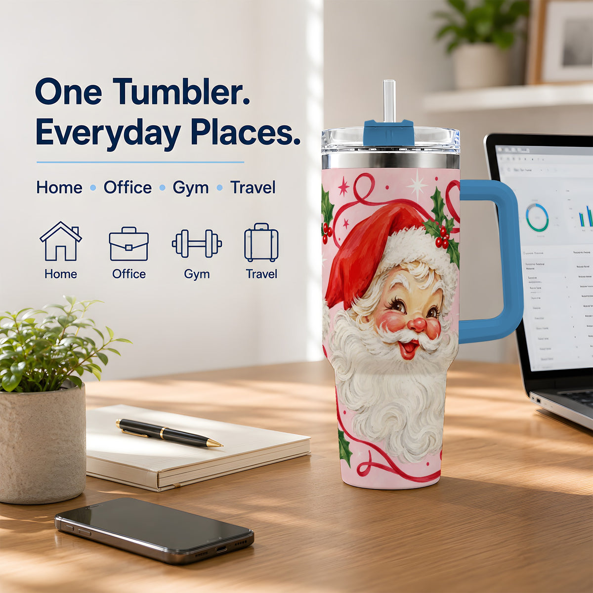 #pl[40oz|Blue] Pink Santa Christmas 40oz Tumbler with Holly and Ribbon Holiday Artwork