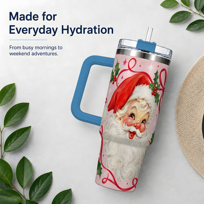 #pl[40oz|Blue] Pink Santa Christmas 40oz Tumbler with Holly and Ribbon Holiday Artwork